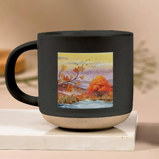 "Autumn Serenity by the Lake - Watercolor Swan" Pottery Mugs