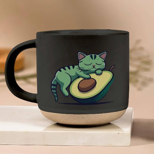 Green Cat W/Black Stripes Sleeping On An Avocado Pottery Mugs