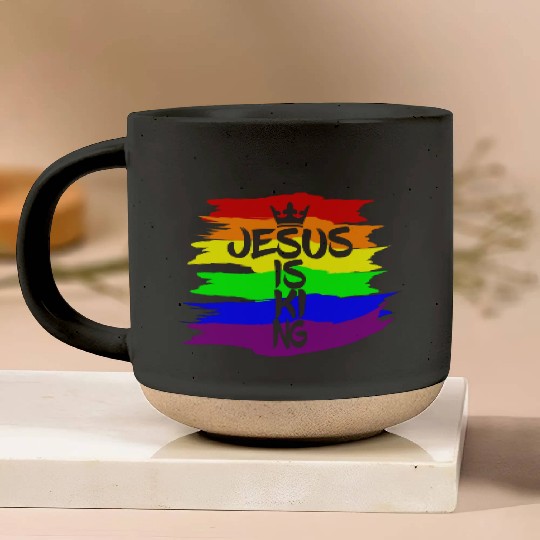 Queer Jesus is King Cross Crown Rainbow Colors Pottery Mugs
