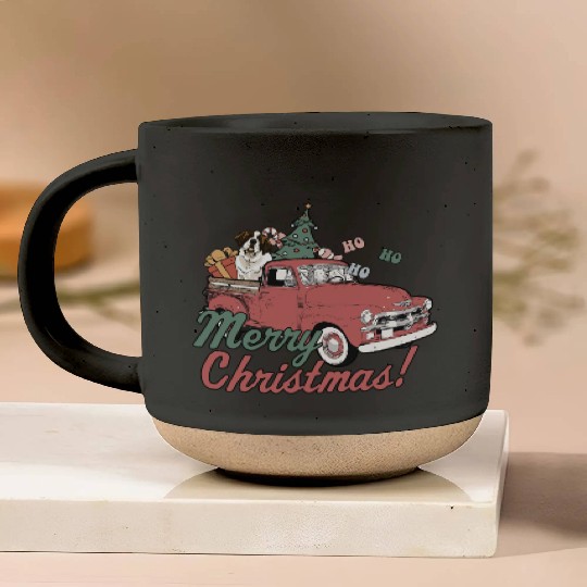Vintage Red Pick Up Truck Merry Christmas Saint Pottery Mugs