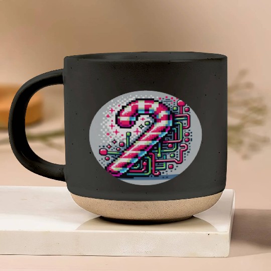 Neon Cyberpunk Candy Cane 8-Bit Pixel Christmas Pottery Mugs