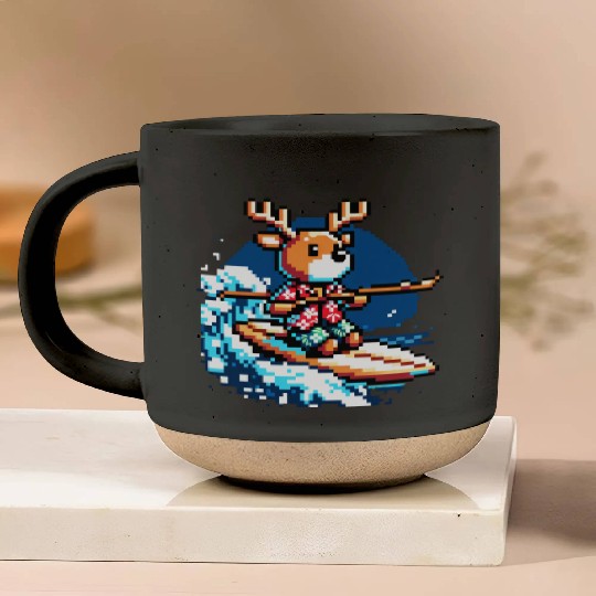 Surfing Reindeer: 8-Bit Holiday Wave Pottery Mugs