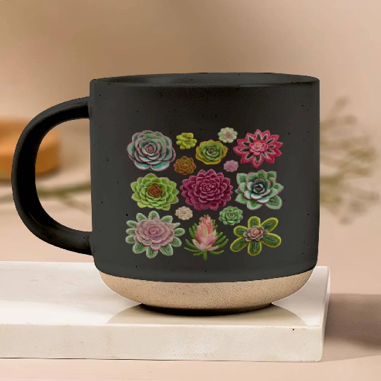 Whimsical Fake Embroidered Succulents Design Pottery Mugs