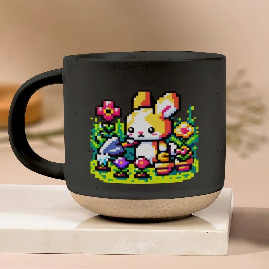 8-Bit Bunny Gardener: Retro Digital Garden Scene Pottery Mugs