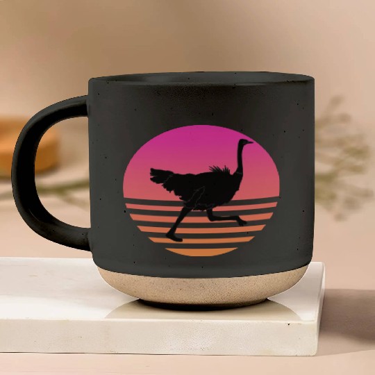 Ostrich Running Retro Sunset Pottery Mugs
