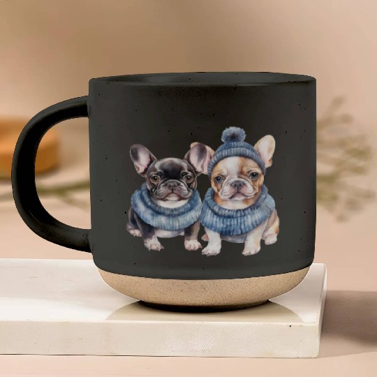 Winter Christmas Bulldogs with Blue Hats Pottery Mugs