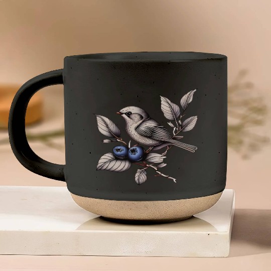 Bird on a Blueberry Branch Pottery Mugs