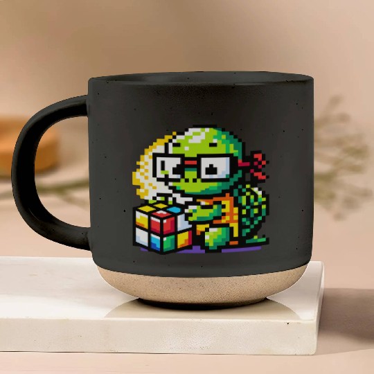 Rubik's Cube & Pixel Turtle - A Brainy Challenge Pottery Mugs