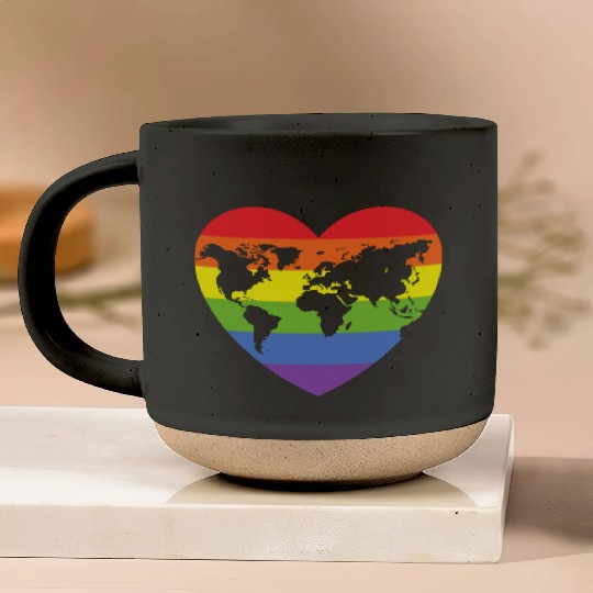 Rainbow Hearts World Map Pottery Mugs