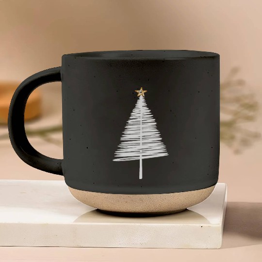 White Christmas Tree Brushstroke with Golden Star Pottery Mugs