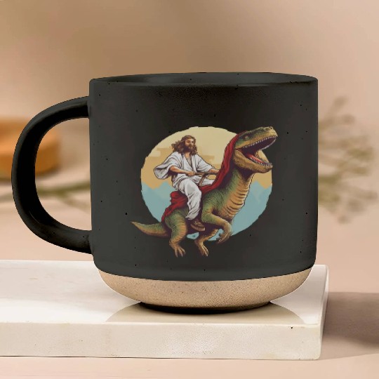Jesus Riding a Dinosaur Meme Dino Lover Pottery Mugs
