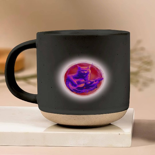 Rock Cat Playing Guitar Pottery Mugs under the red moon