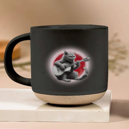 Rock Cat Playing Guitar Pottery Mugs under the red moon