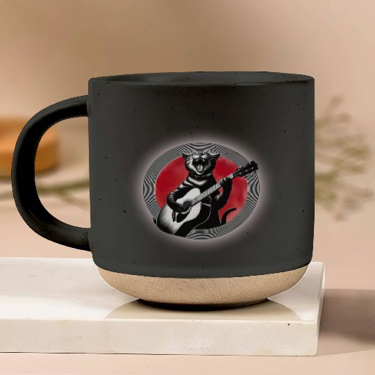 Rock Cat Playing Guitar Pottery Mugs under the red moon