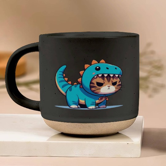 Grumpy Cat in Velociraptor Costume Pottery Mugs
