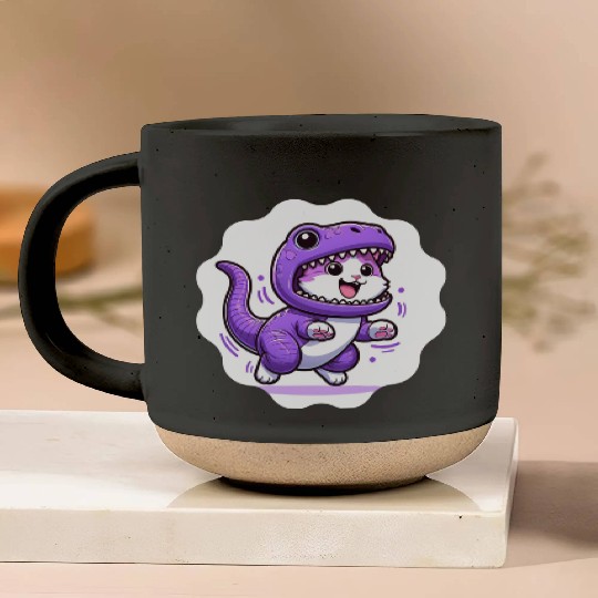 Energetic Cat in Velociraptor Costume - Playful Fe Pottery Mugs