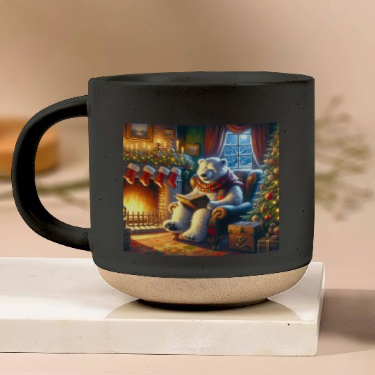 Winter Tales-Merry Cozy Bear Reading by Fireplace Pottery Mugs