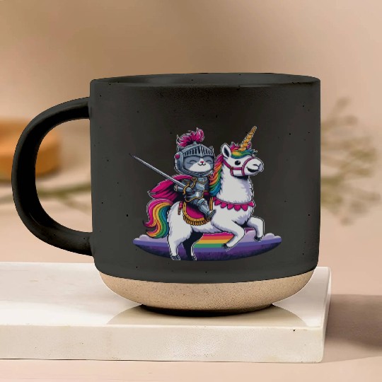 Happy Funny Cat Knight Riding Unicorn Llama Alpaca Pottery Mugs