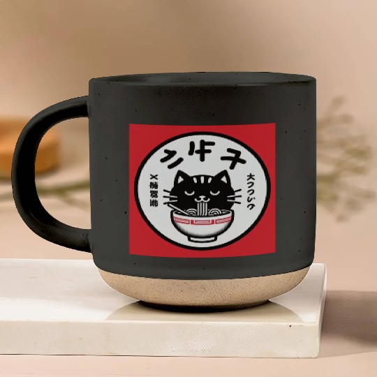 Vintage-Inspired Kawaii Cat Enjoying Japanese Rame Pottery Mugs
