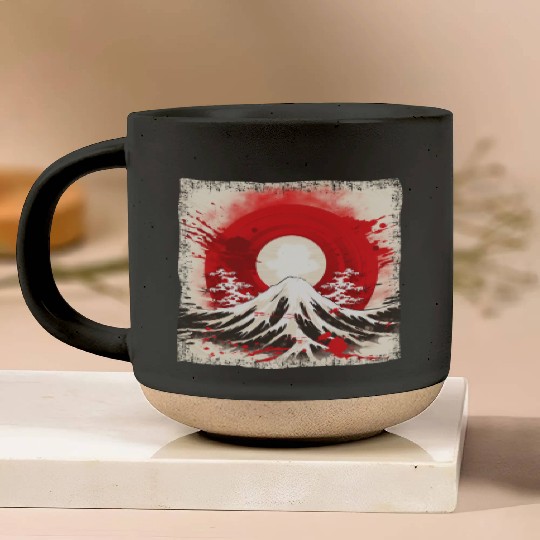 Kyoto Mountains: Flag, Volcano, and Blood Moon Pottery Mugs