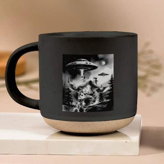 A lovely giraffe selfie with weird UFOs in a funny Pottery Mugs