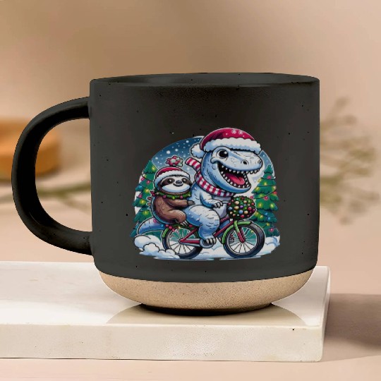 Winter Wonderland T-Rex and Sloth Cycling Duo Pottery Mugs