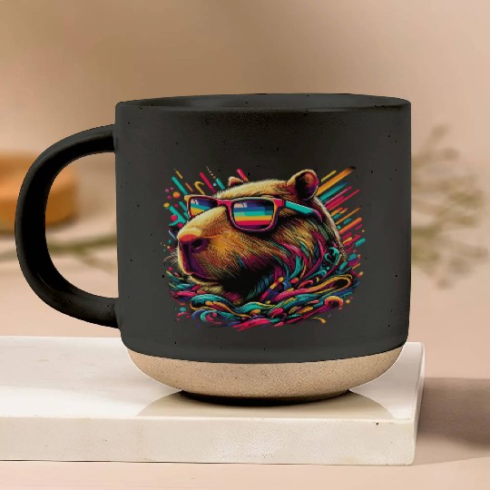 Neon Capybara With Sunglasses Pottery Mugs