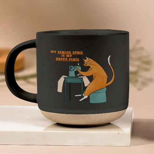 Retro Ginger Cat Using Sewing Machine - Vintage Pottery Mugs