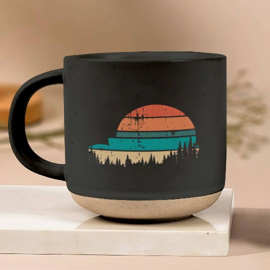 Retro Evergreen Sunset Stepped Circle Design Pottery Mugs