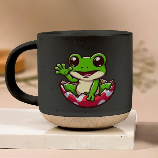 Colorful Easter Egg with Hatching Frog Design Pottery Mugs