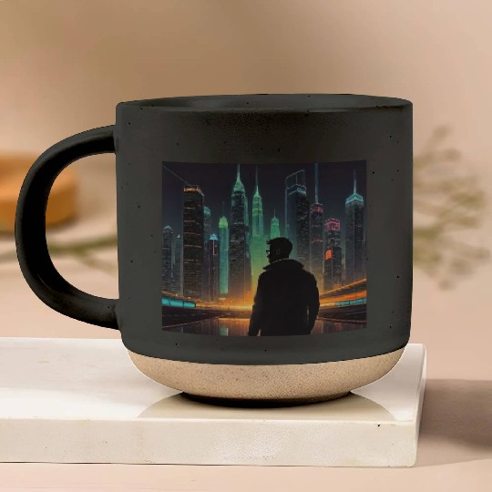 Neon Horizon: A Futuristic Cityscape Pottery Mugs