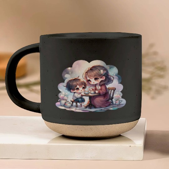 Mother and Son Enjoying a Cozy Tea Party Pottery Mugs