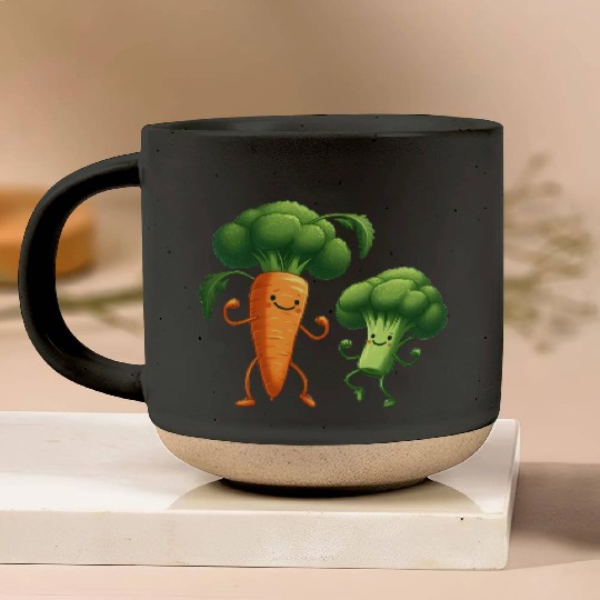 Carrot Dancing with Broccoli Pottery Mugs