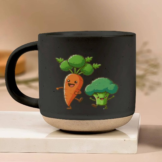 Carrot Dancing with Broccoli Pottery Mugs