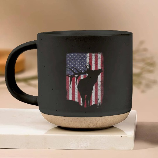Elk Hunting Bugling Bull US Flag American Pottery Mugs