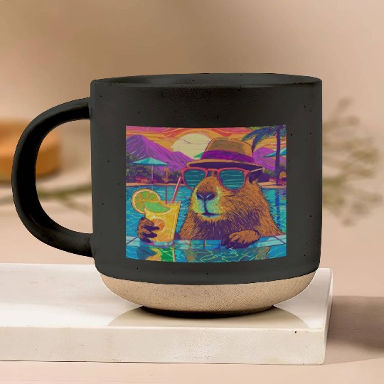 Capybara on vacation sipping on Lemonade Pottery Mugs