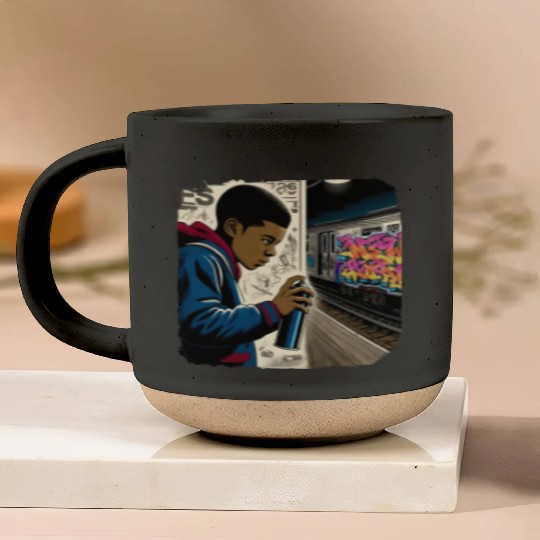 AI Teen in Underground Subway Layup -Masked Border Pottery Mugs