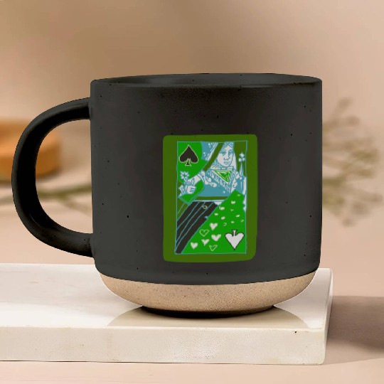 Green Queen of Spades Playing Card Pottery Mugs