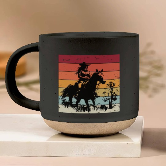 Cowgirl and Horse Vintage Sunset Pottery Mugs