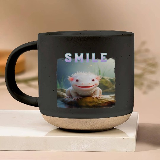 Whimsical Axolotl with Smile and Pastel Text Pottery Mugs