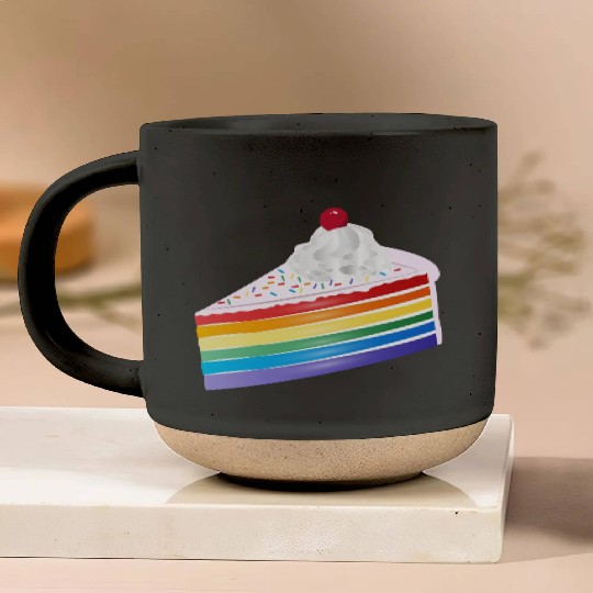 Piece of rainbow cake with cream and cherry Pottery Mugs