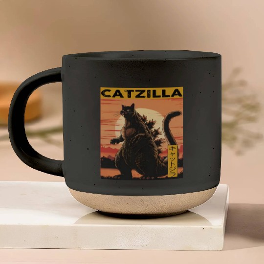 Catzilla Vintage Funny Cute Cat Art Japanese Sunse Pottery Mugs