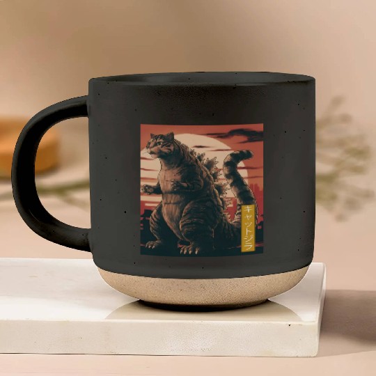 Funny Cute Cat Art Japanese Sunset Retro Catzilla Pottery Mugs