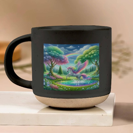 Enchanted Rainbow Unicorn Over Sparkling Pond Pottery Mugs