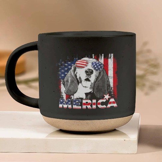 Basset Hound 4th Of July US Flag Merica Dog Lover Pottery Mugs
