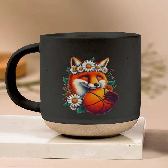 Fox Holding Basketball with Daisy Fox Lovers Pottery Mugs