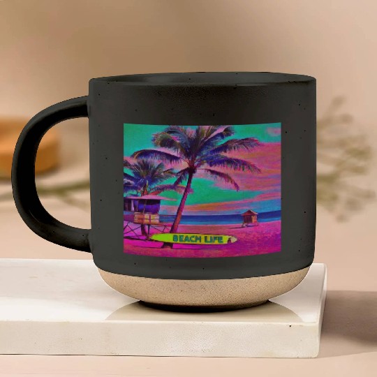 Neon Beach Life Scene 90's Vibes - Surfboard, Sand Pottery Mugs