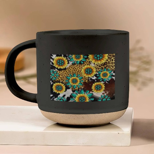 Turquoise Gemstone Sunflowers Leopard Cowhide Pottery Mugs