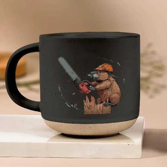 Beaver Lumberjack Chainsaw Pottery Mugs