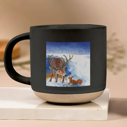 Red Deer and Squirrel in Winter Illustration Pottery Mugs